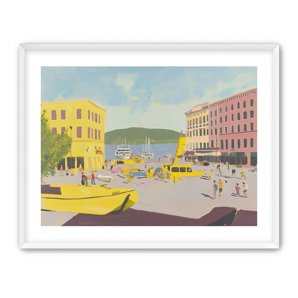 Yellow boats among pastel buildings