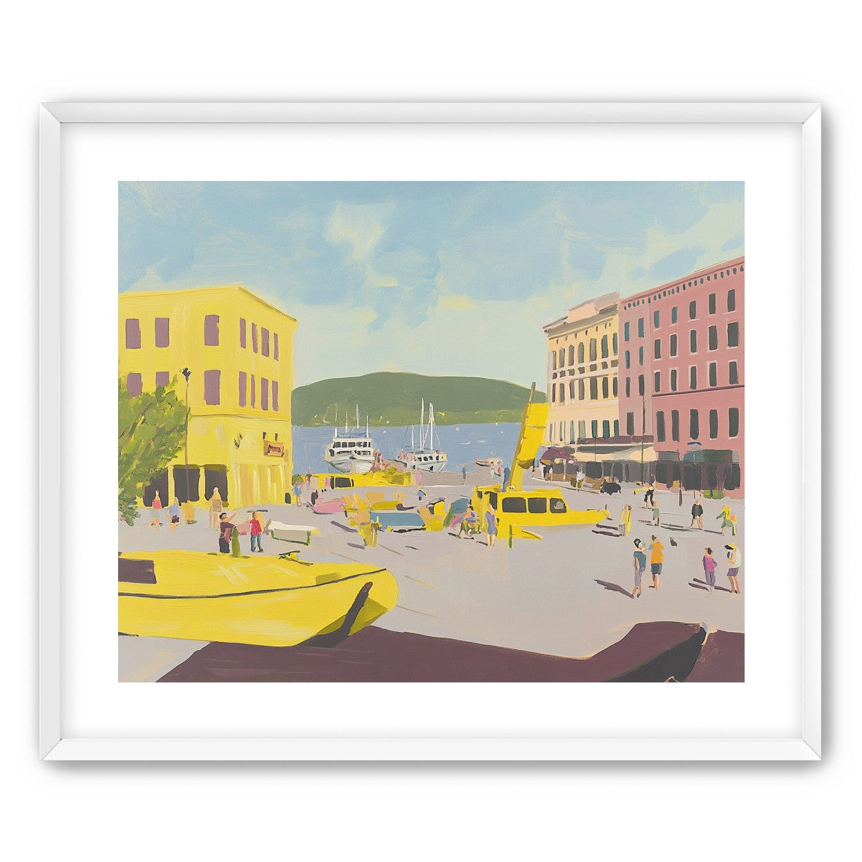 Yellow boats among pastel buildings