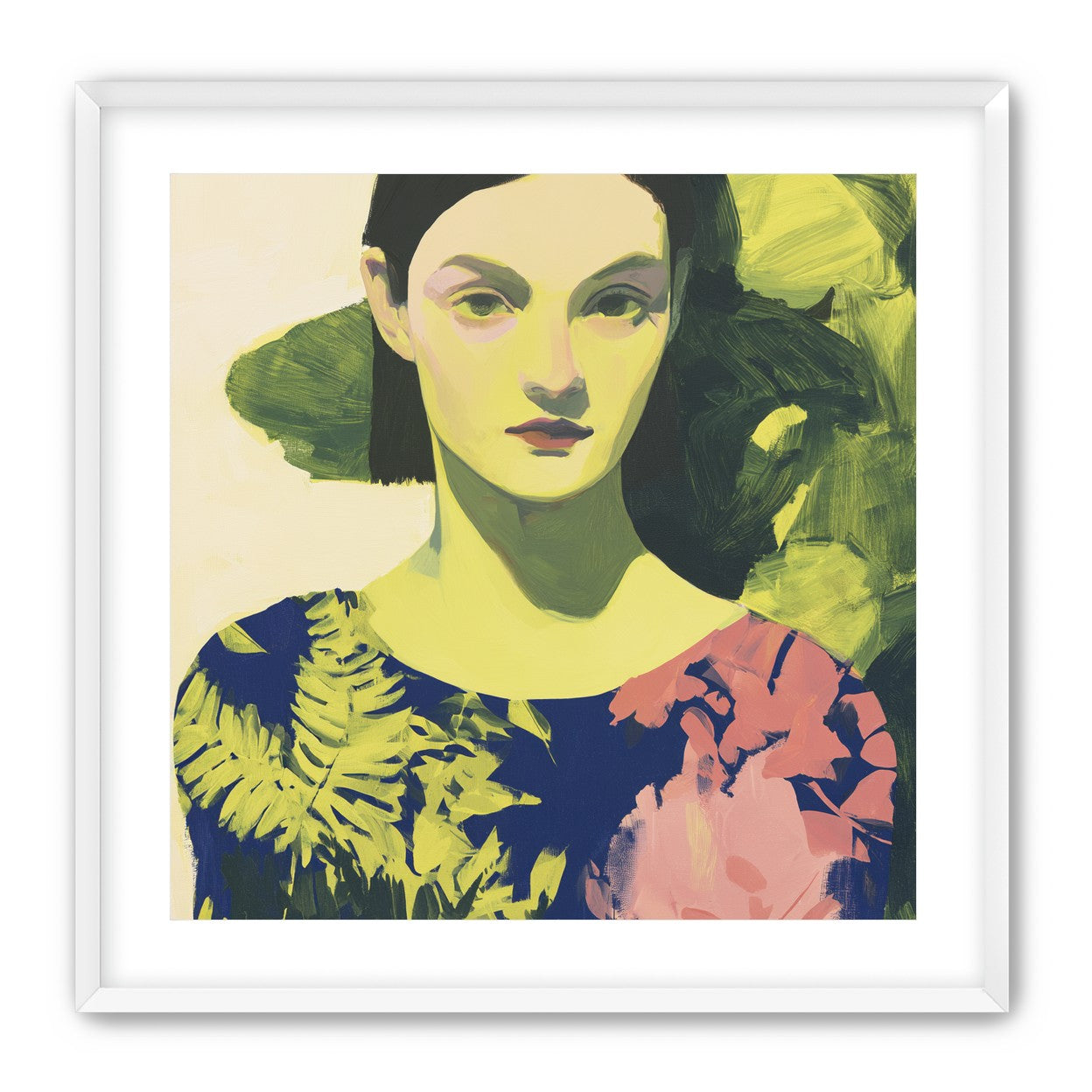 Green leaves behind her portrait