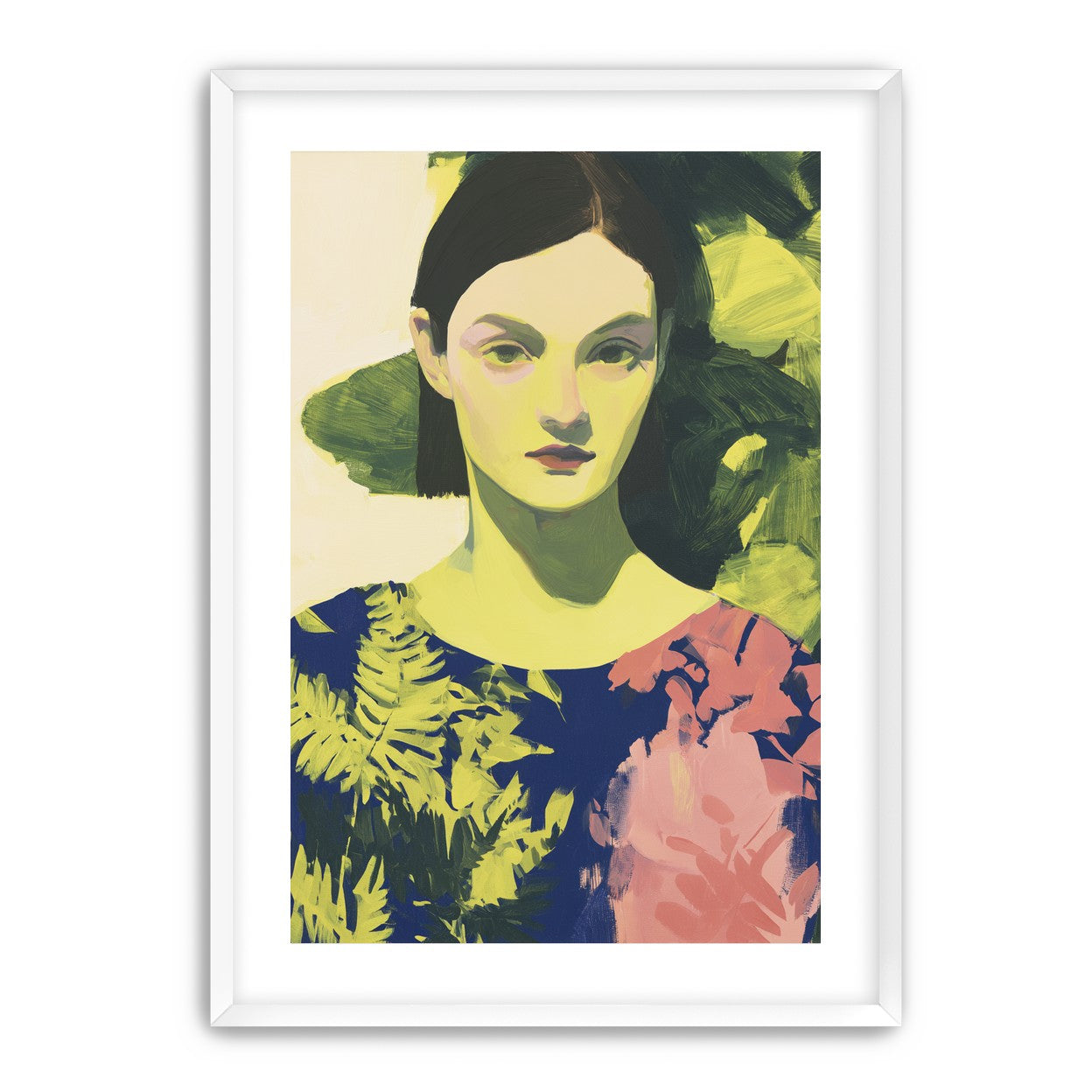 Green leaves behind her portrait