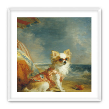 Seaside dog in red sunglasses