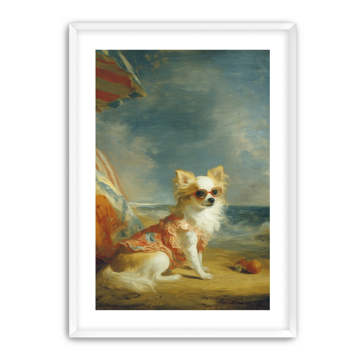 Seaside dog in red sunglasses