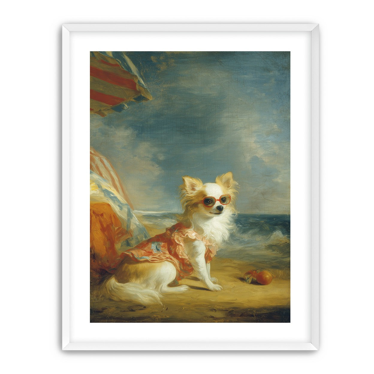 Seaside dog in red sunglasses