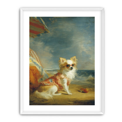 Seaside dog in red sunglasses
