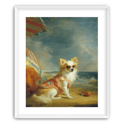 Seaside dog in red sunglasses