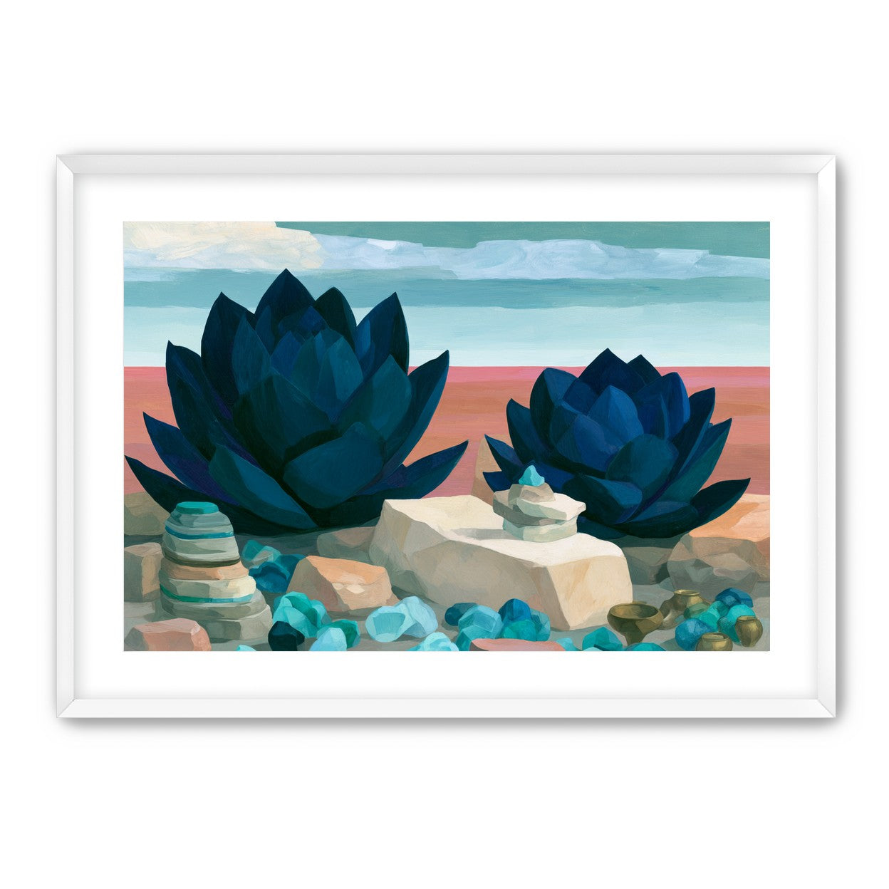 Deep blue blooms on coral ground