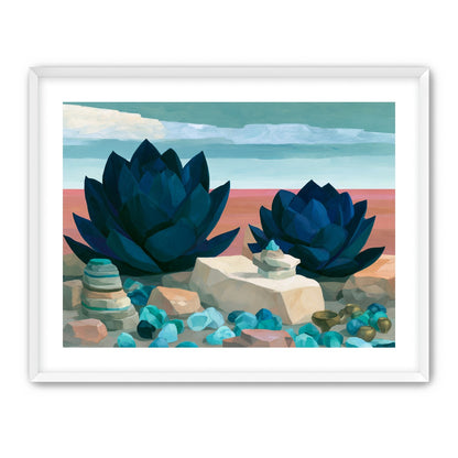 Deep blue blooms on coral ground