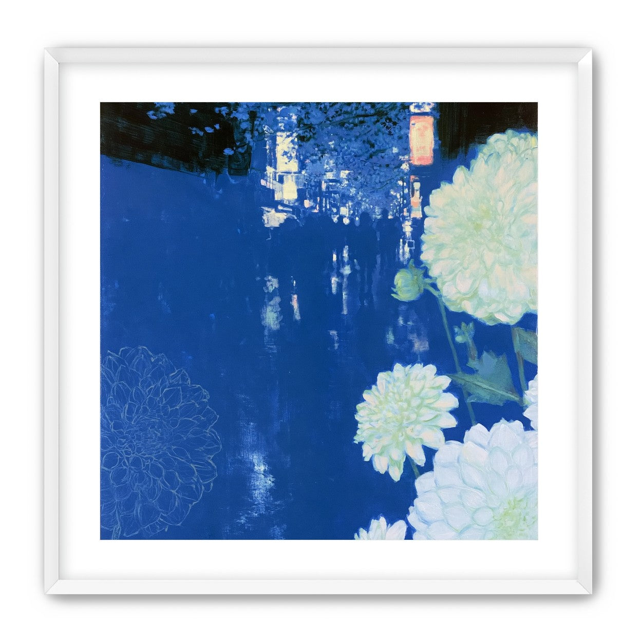 White blooms on blue canal