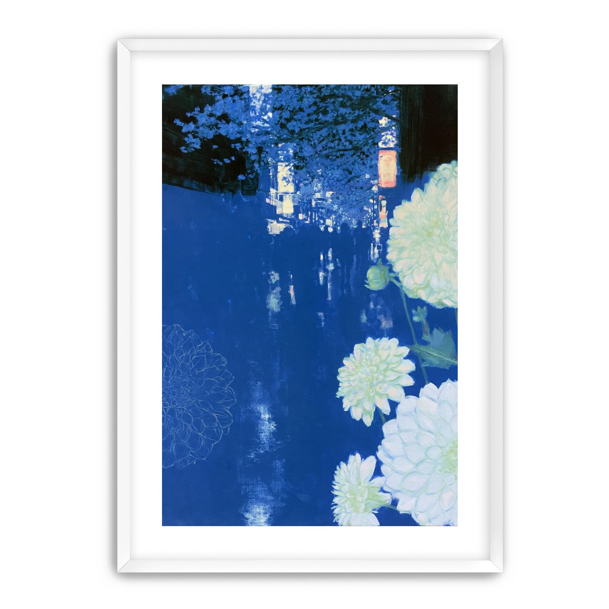 White blooms on blue canal