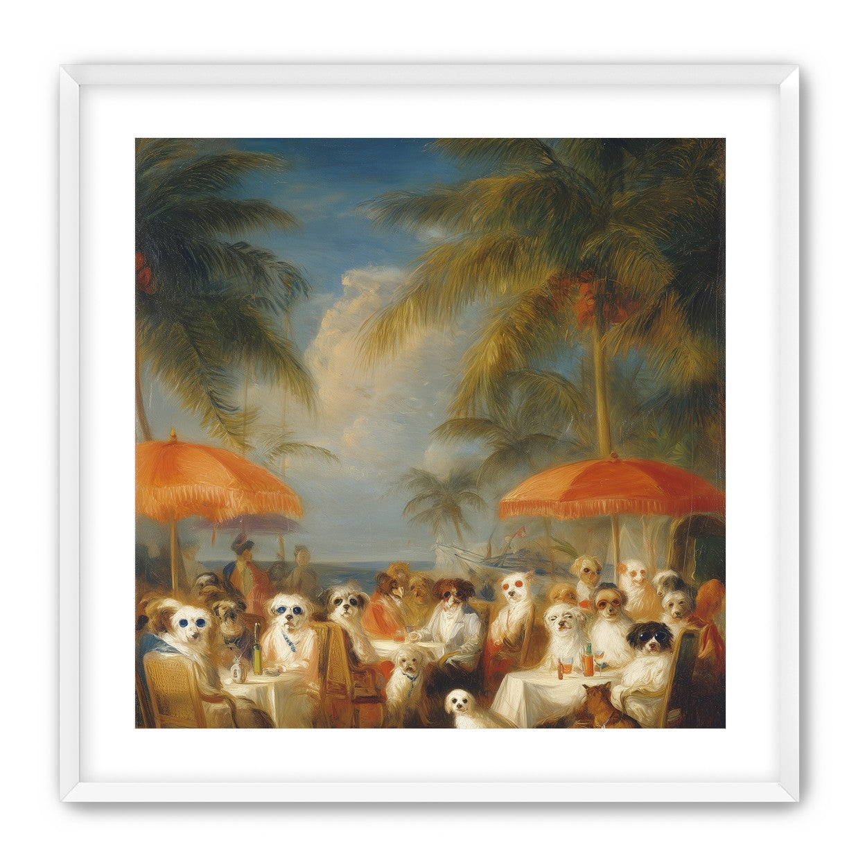 Dogs at seaside tables