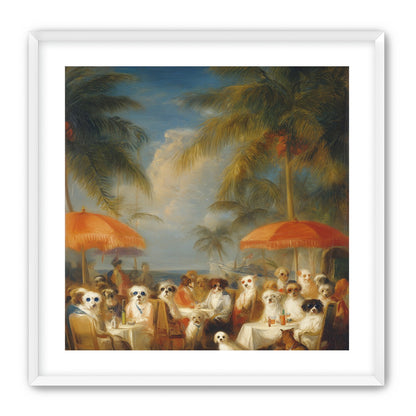 Dogs at seaside tables