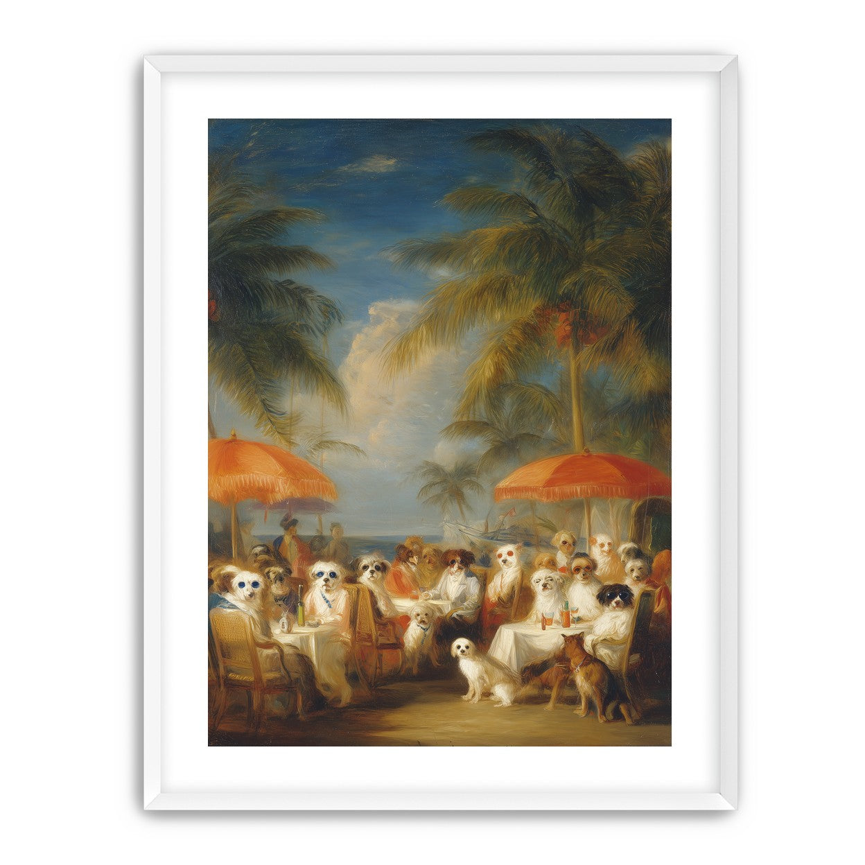 Dogs at seaside tables