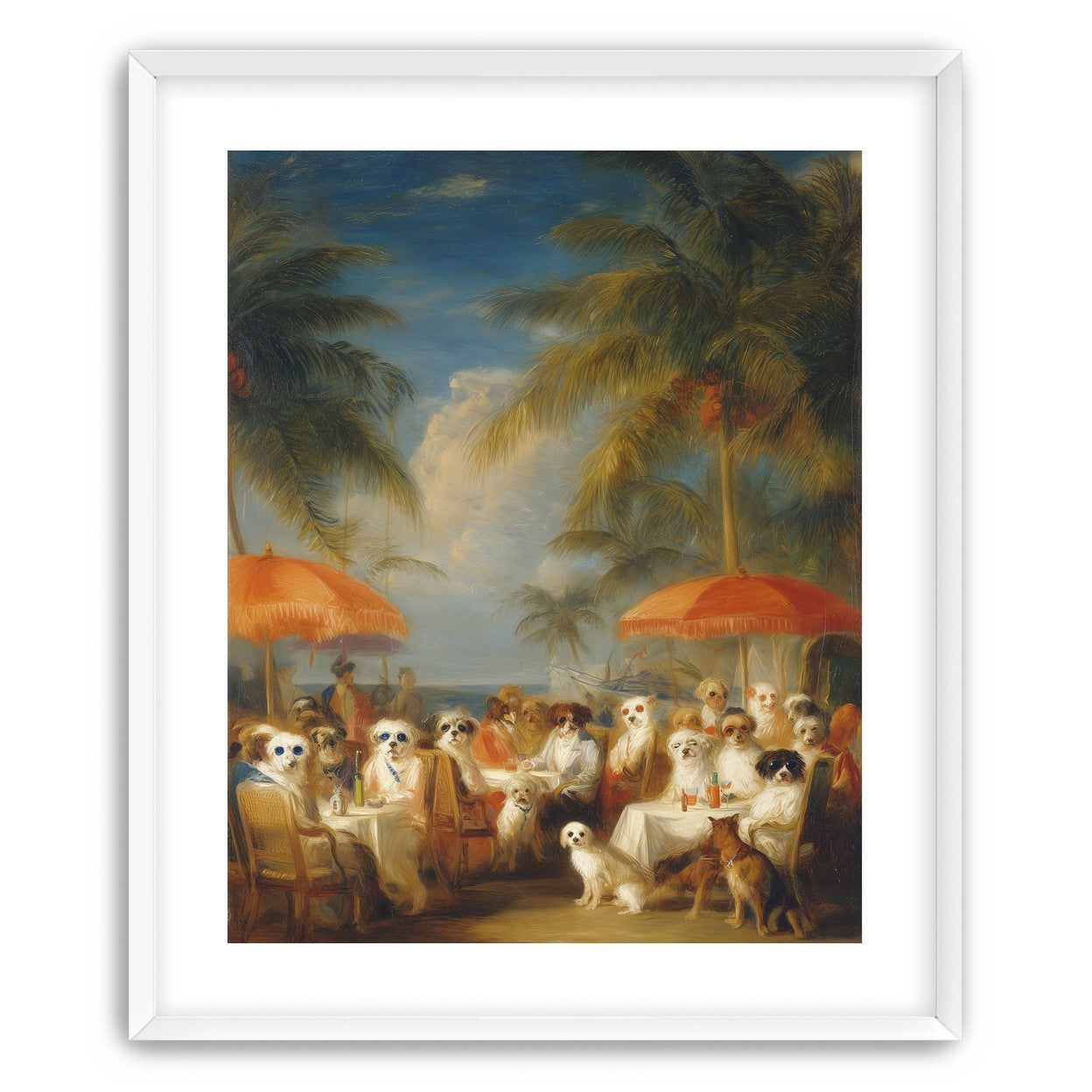 Dogs at seaside tables