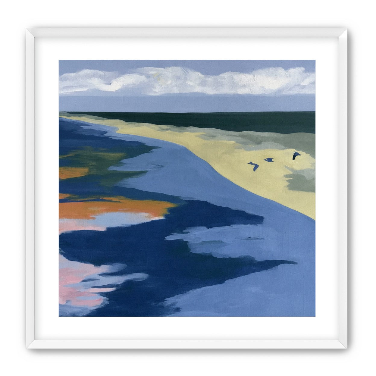 Birds over the pale shore