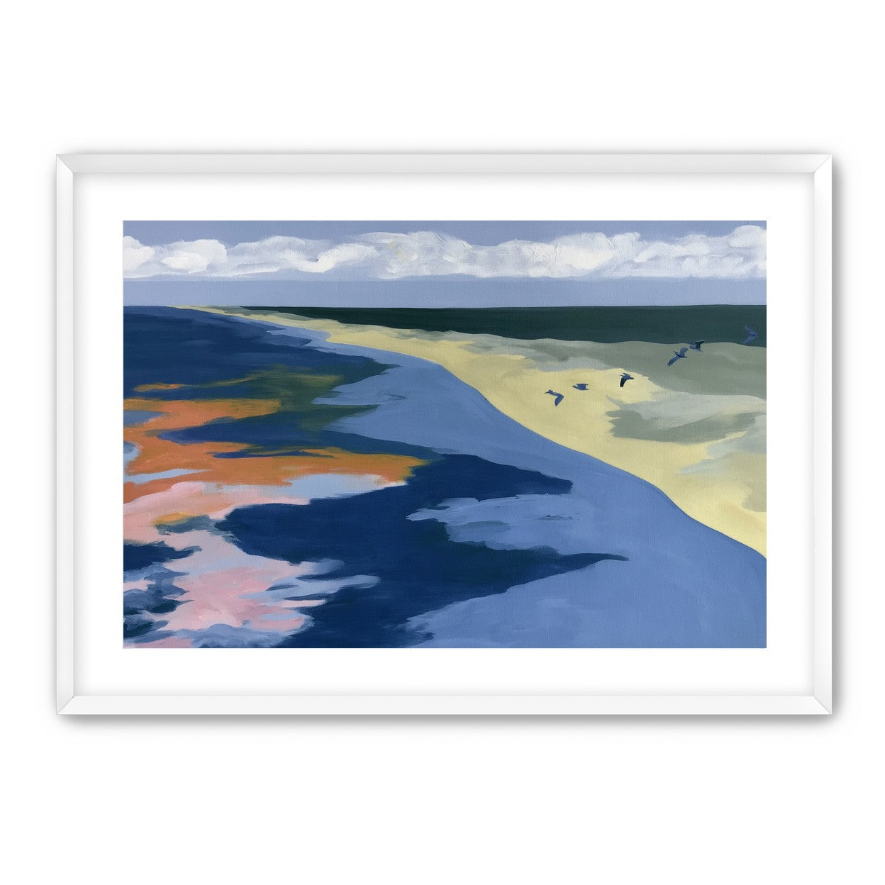 Birds over the pale shore