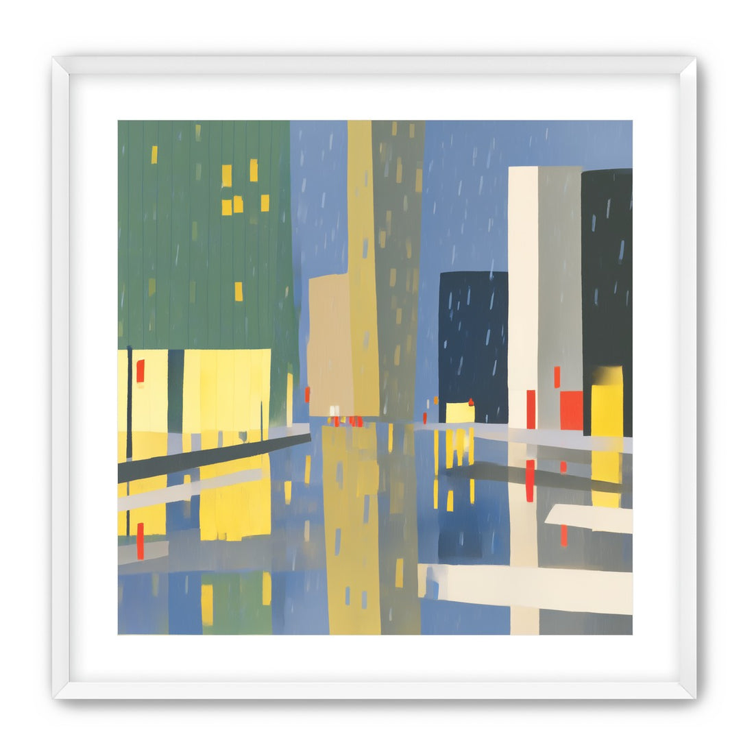 Yellow windows on wet blue street