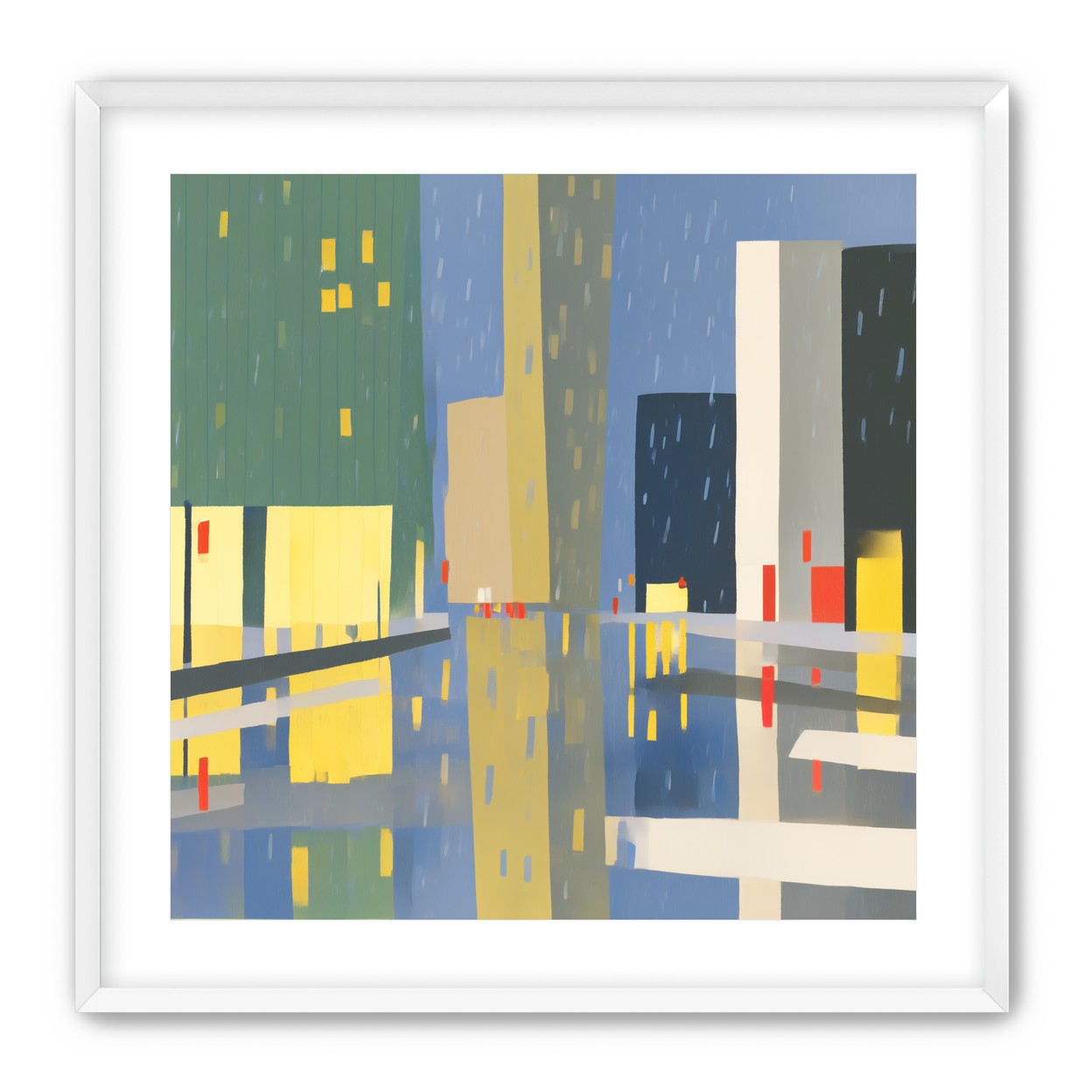Yellow windows on wet blue street