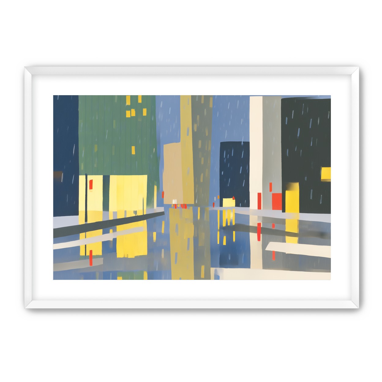 Yellow windows on wet blue street