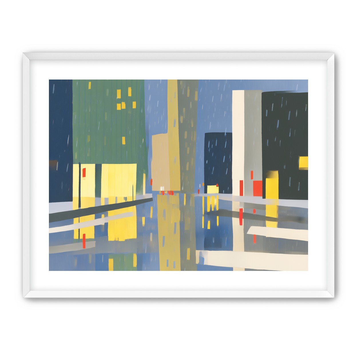 Yellow windows on wet blue street