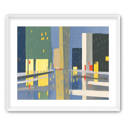 Yellow windows on wet blue street