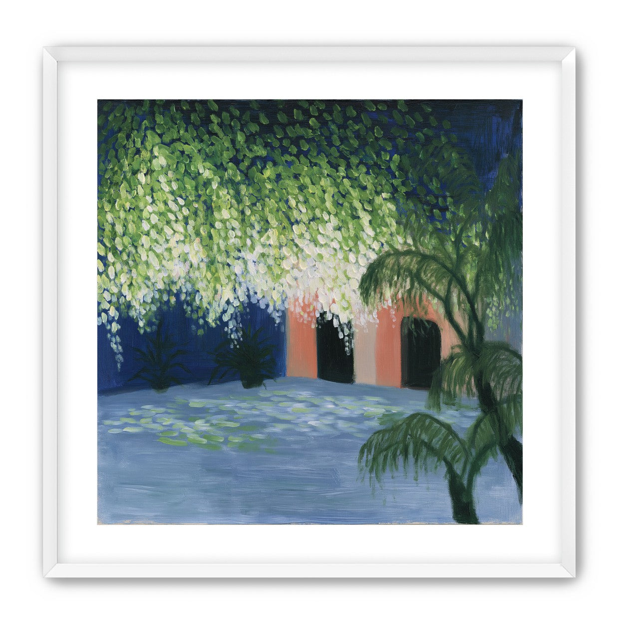 Doorway under falling blossoms