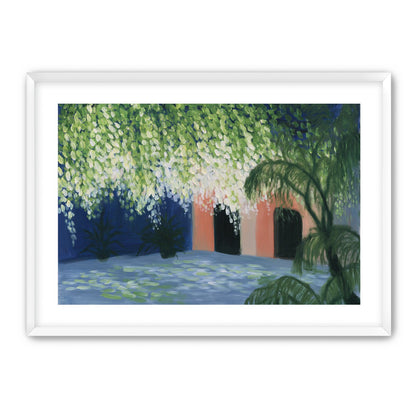 Doorway under falling blossoms