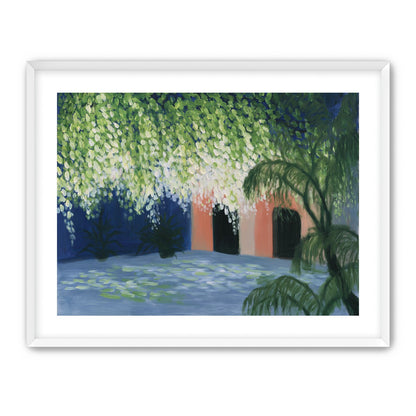 Doorway under falling blossoms