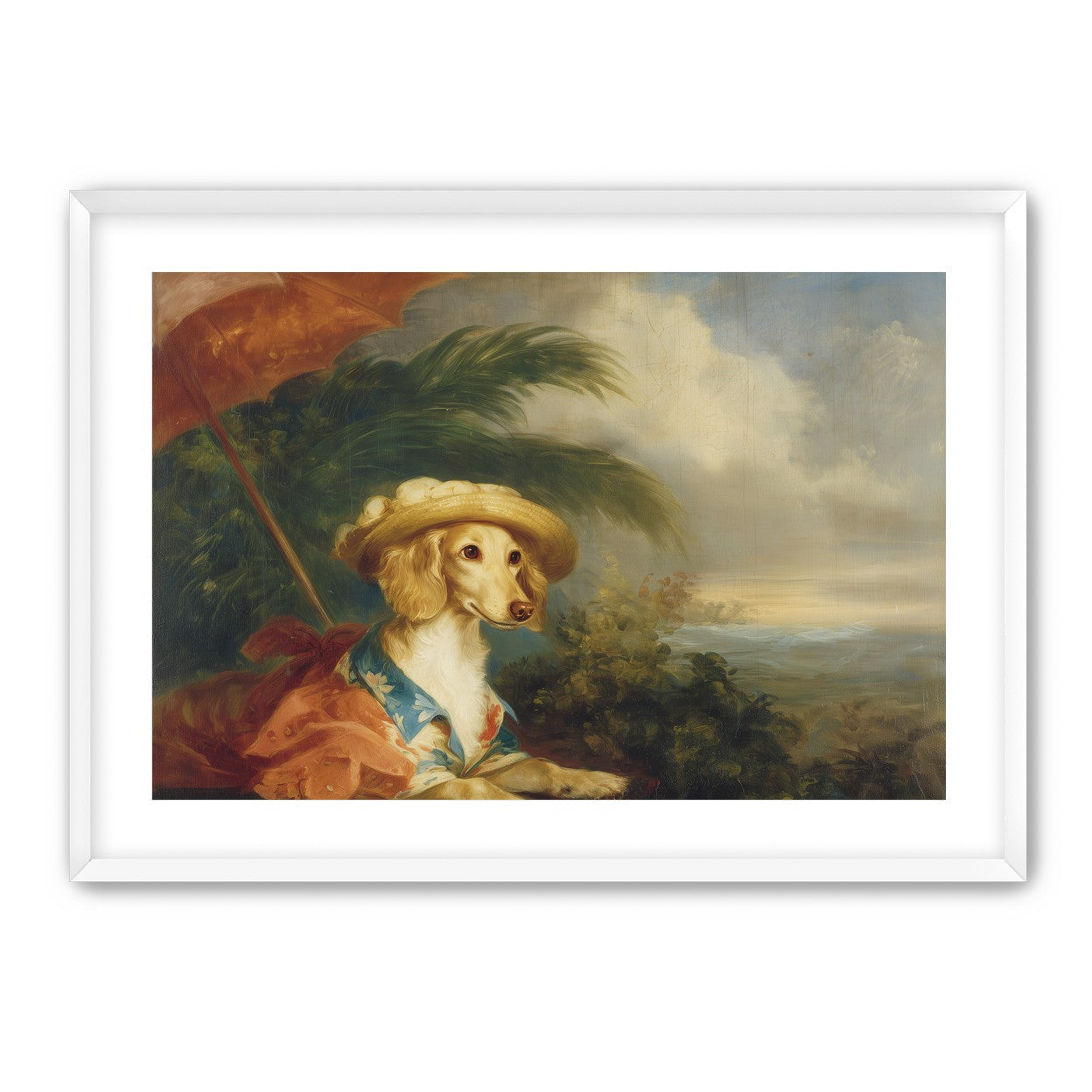 Red parasol over seaside dog