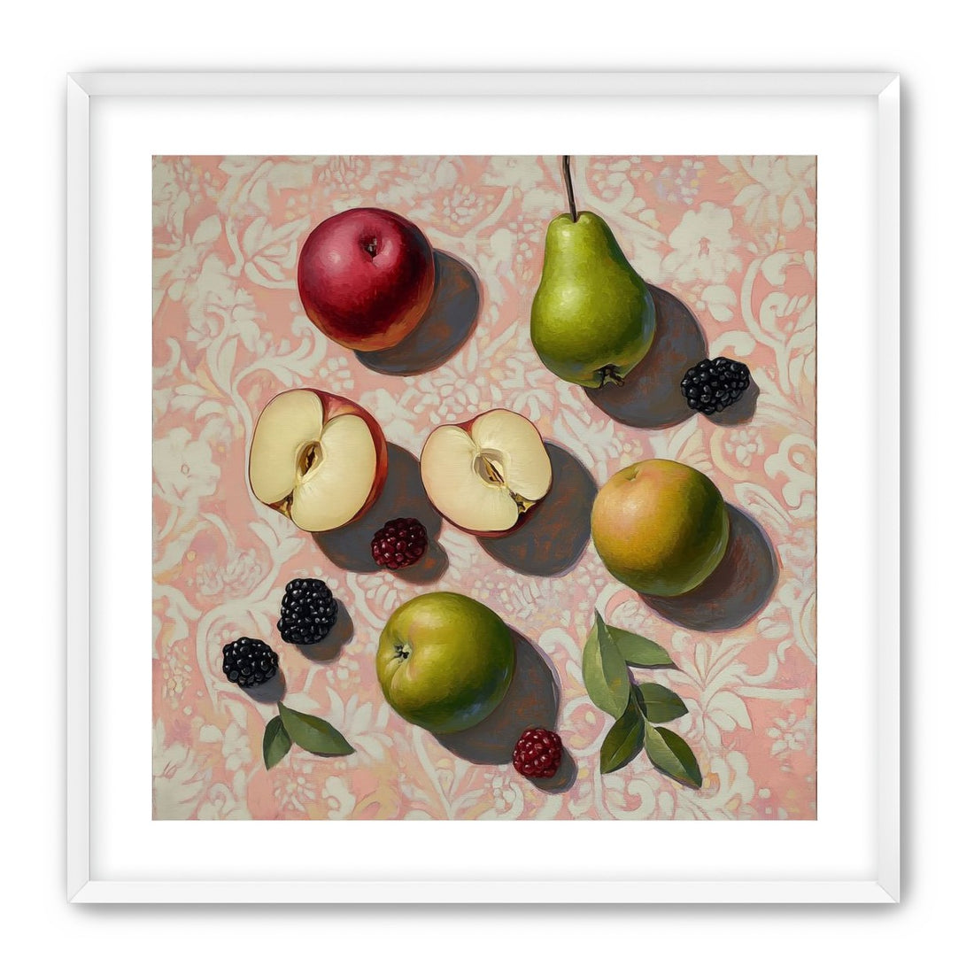 Apples, Pear, and Berries on Floral Fabric