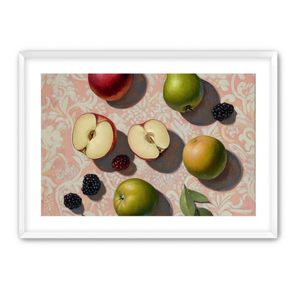 Apples, Pear, and Berries on Floral Fabric