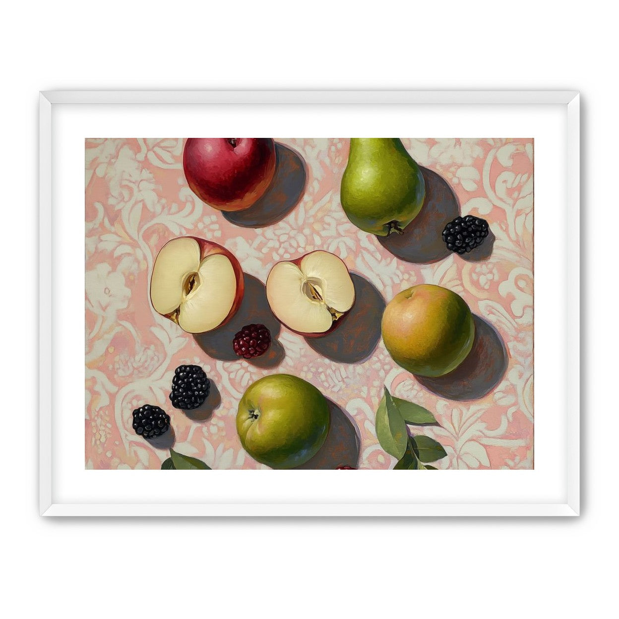 Apples, Pear, and Berries on Floral Fabric