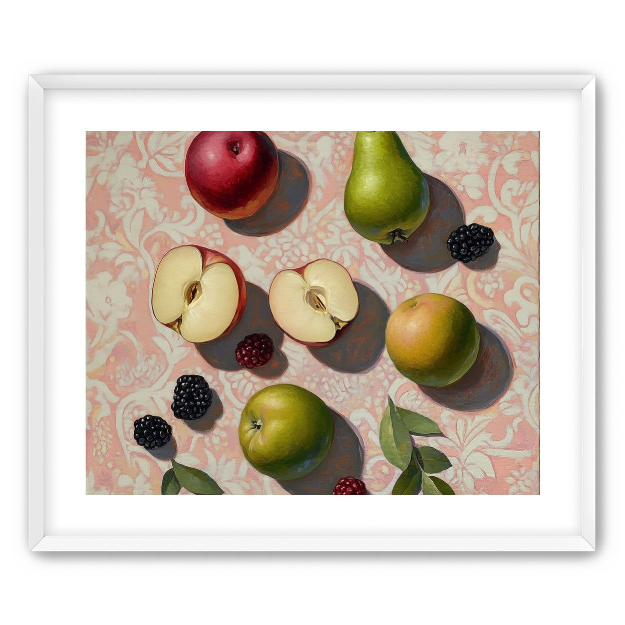 Apples, Pear, and Berries on Floral Fabric