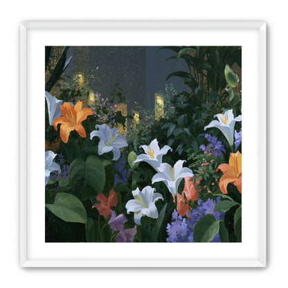 Lit windows beyond the lilies