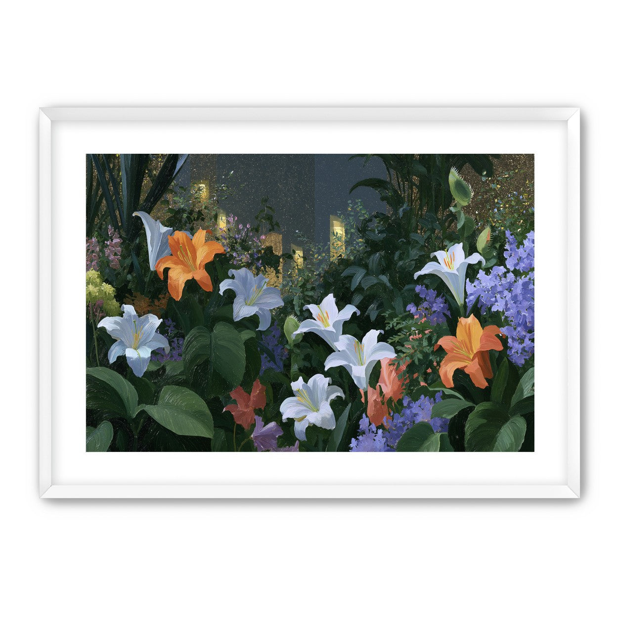 Lit windows beyond the lilies