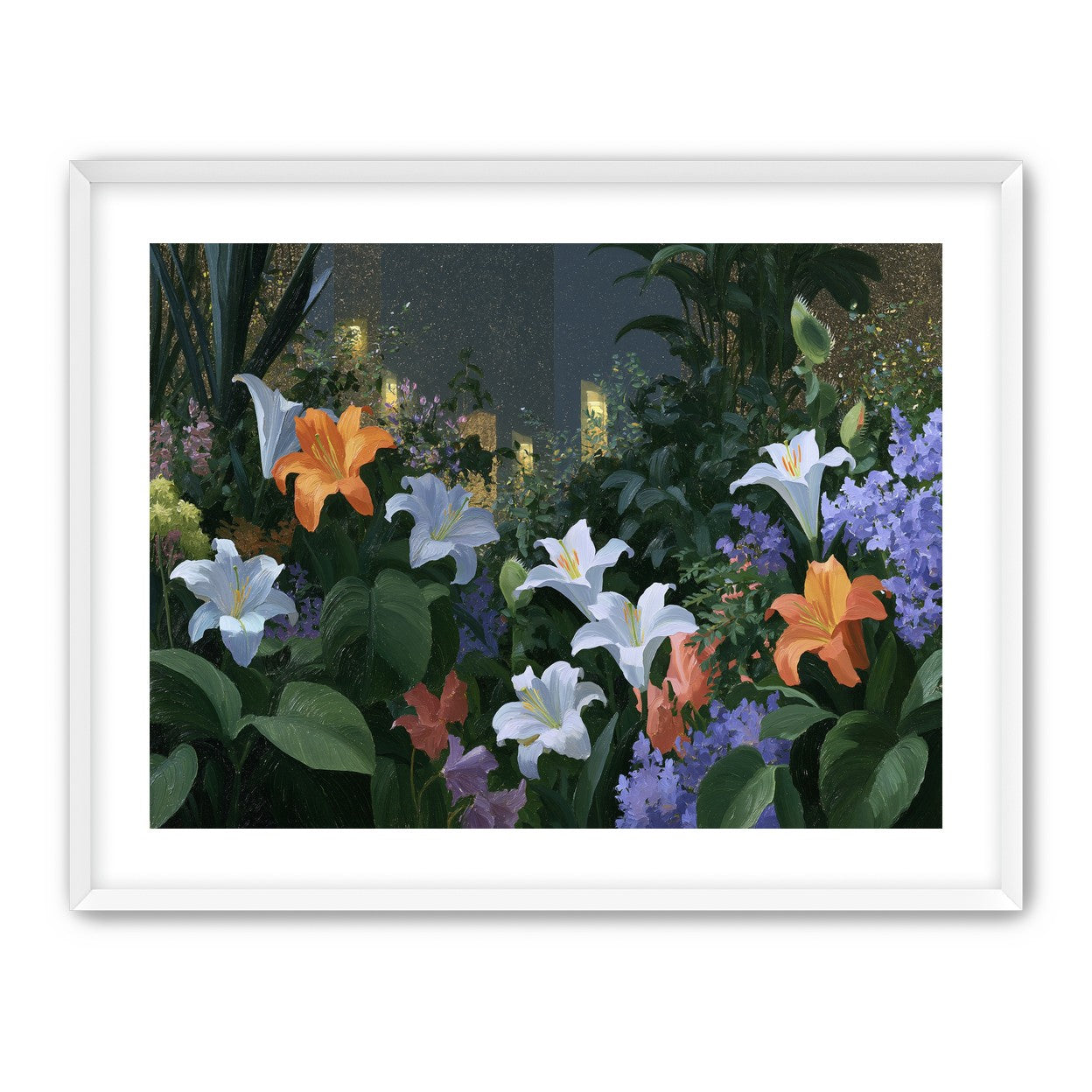 Lit windows beyond the lilies