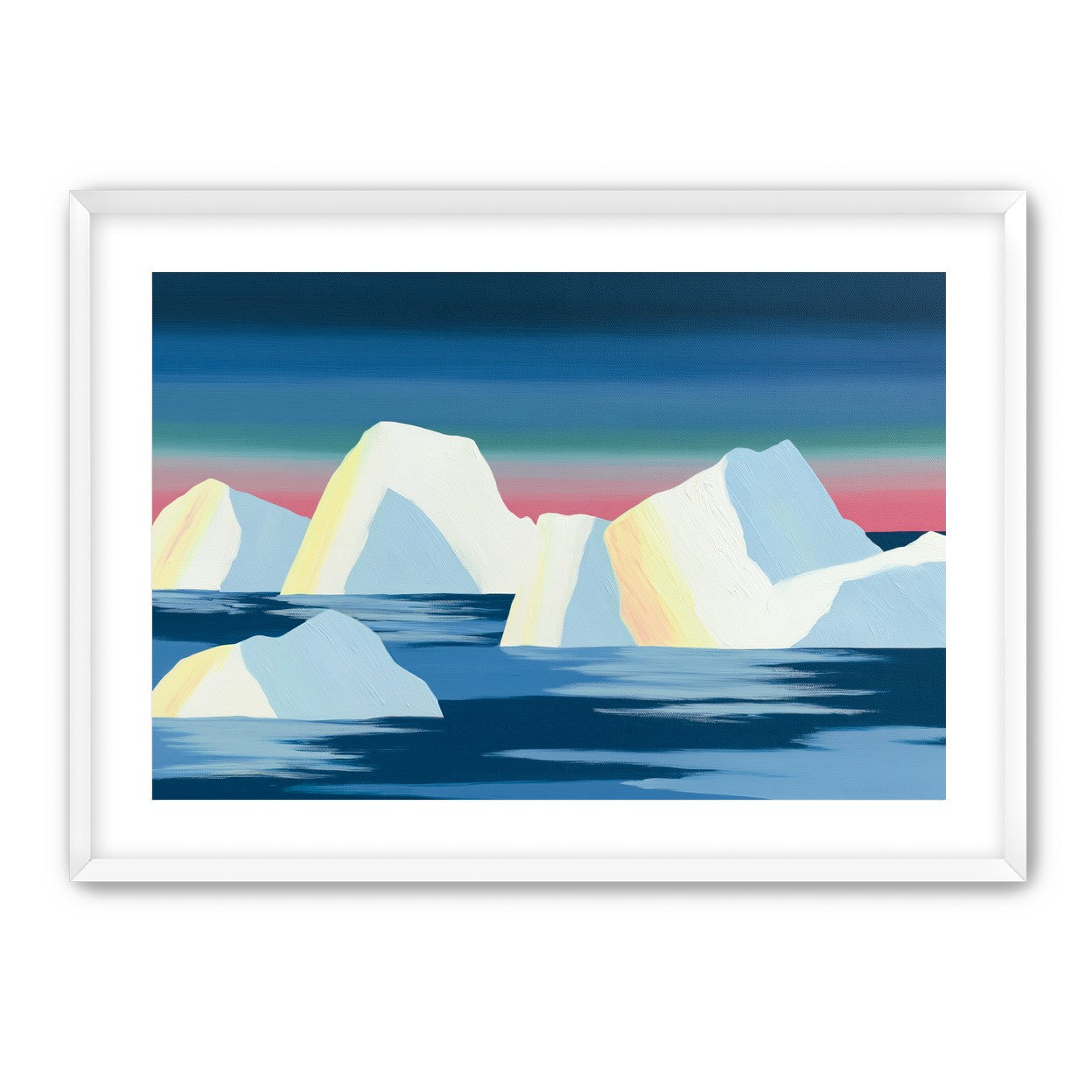 Icebergs under a pink banded sky