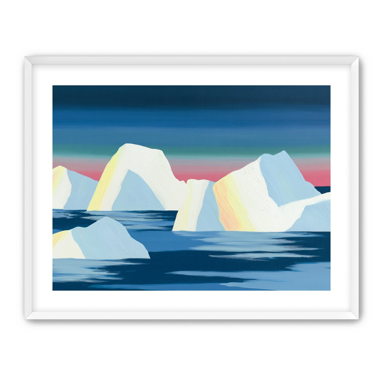 Icebergs under a pink banded sky