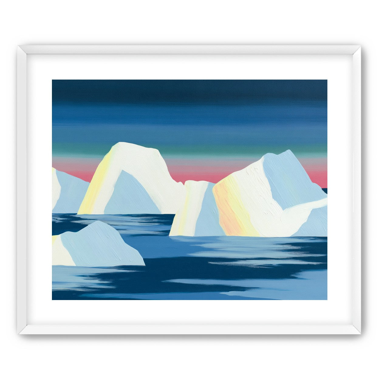 Icebergs under a pink banded sky