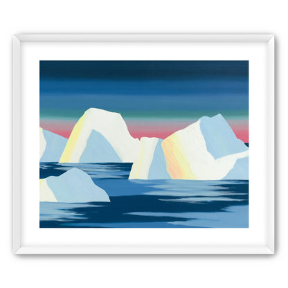 Icebergs under a pink banded sky