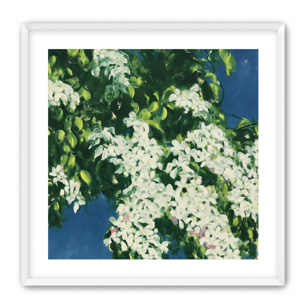 White blossoms on blue field