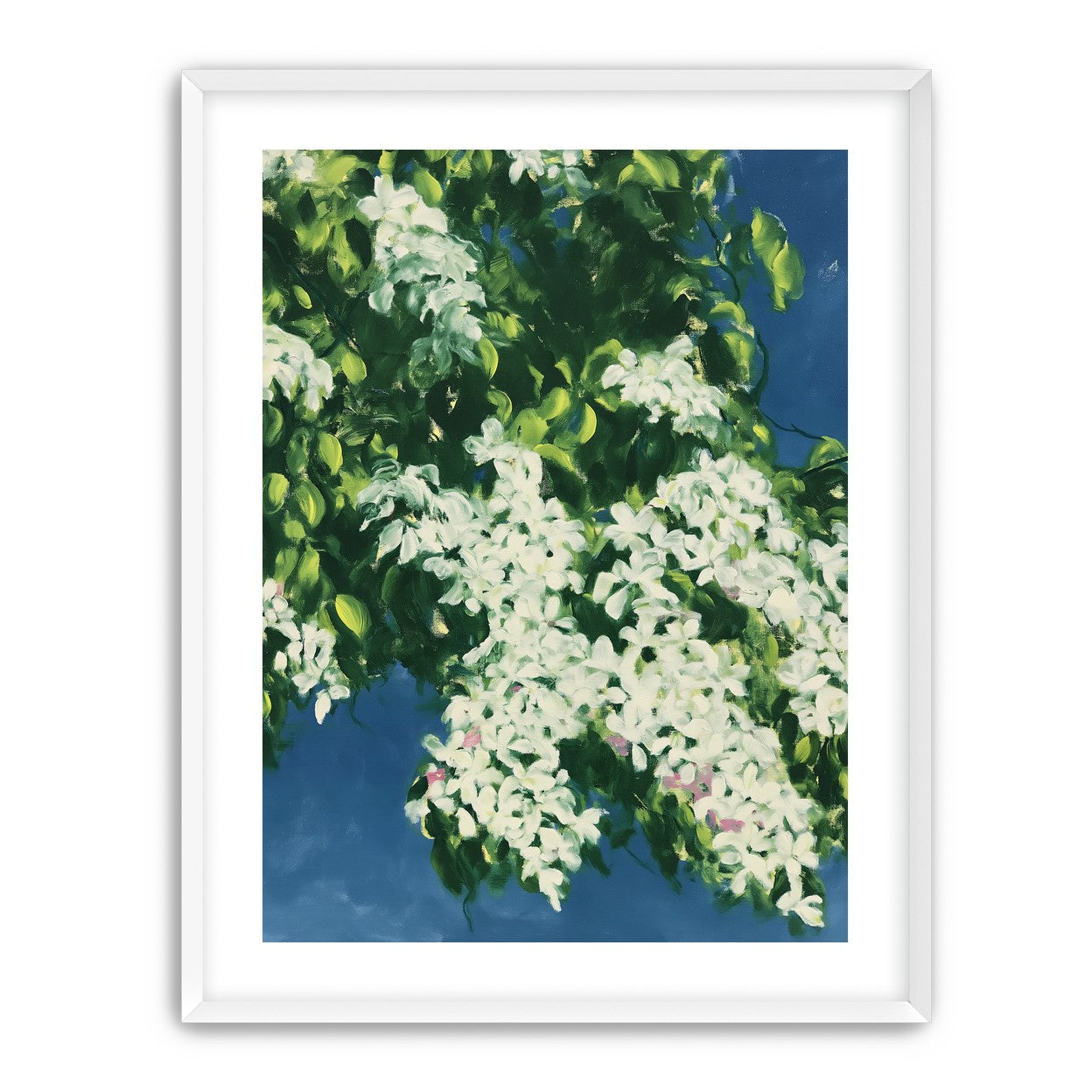 White blossoms on blue field