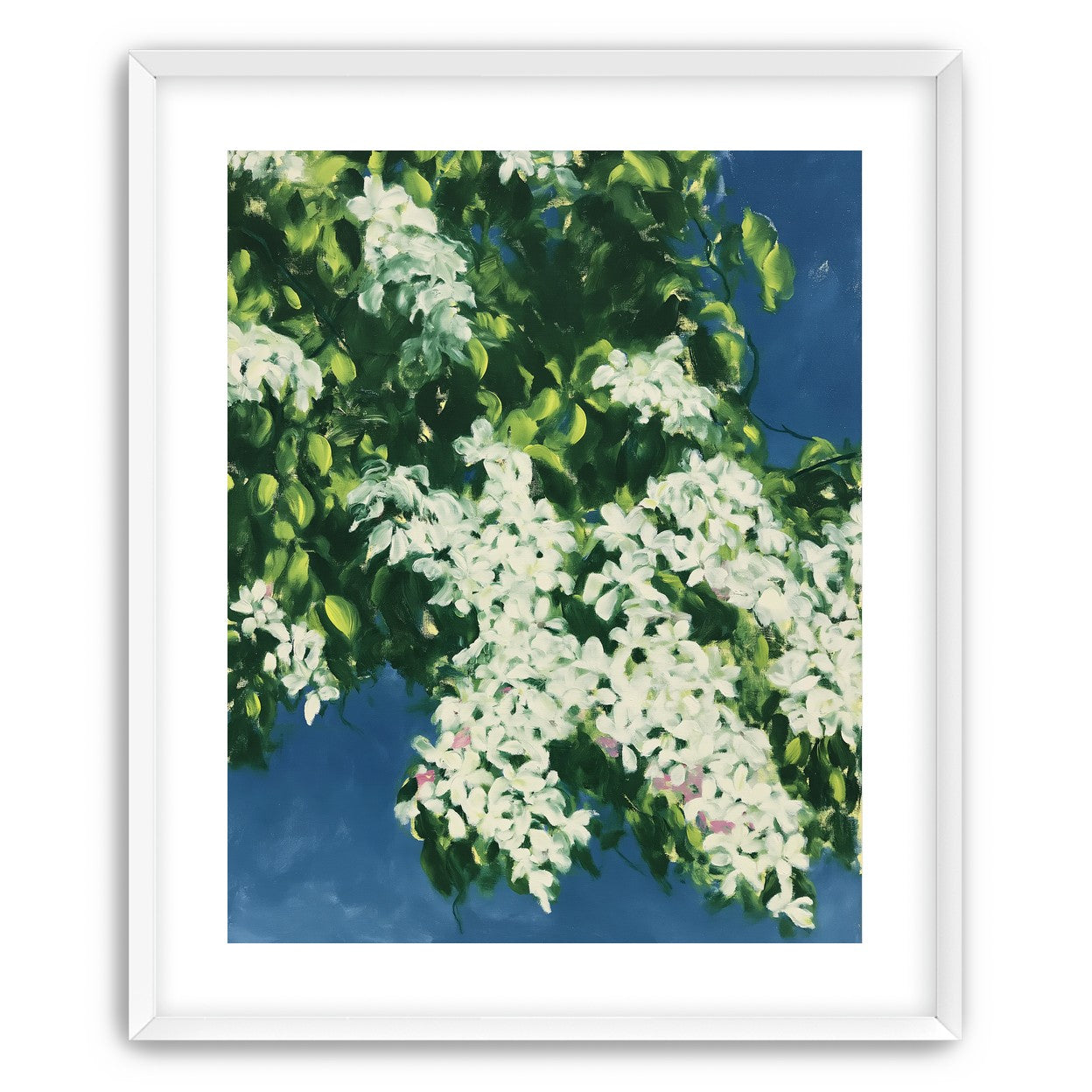 White blossoms on blue field