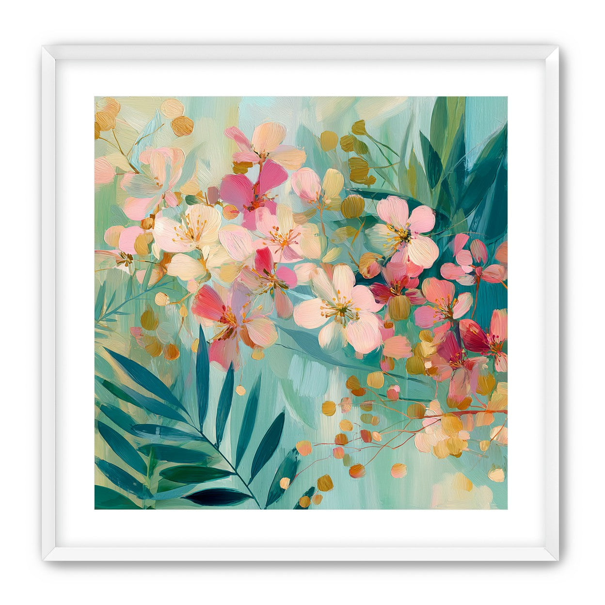 Blossoms over teal leaves