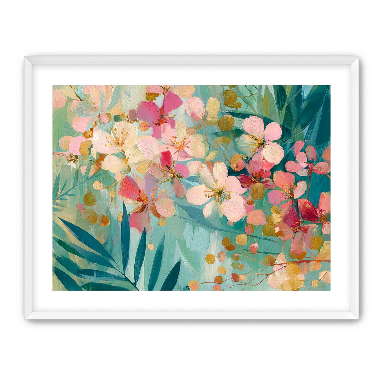 Blossoms over teal leaves