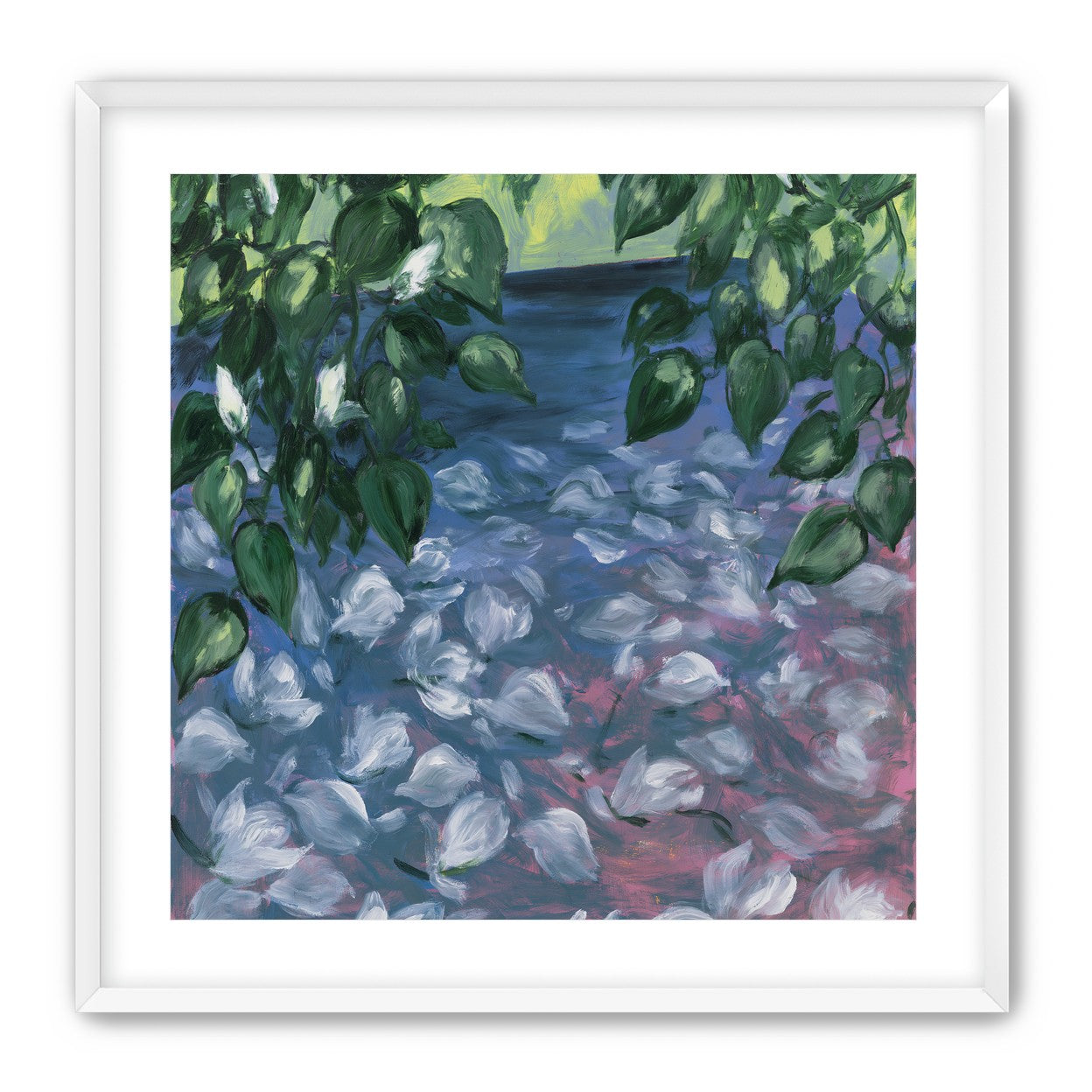 White petals on blue pond