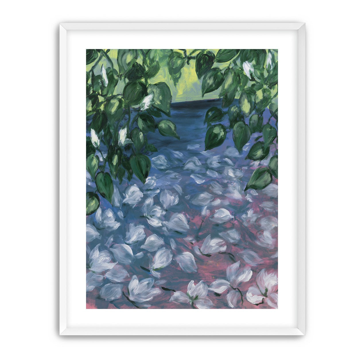 White petals on blue pond