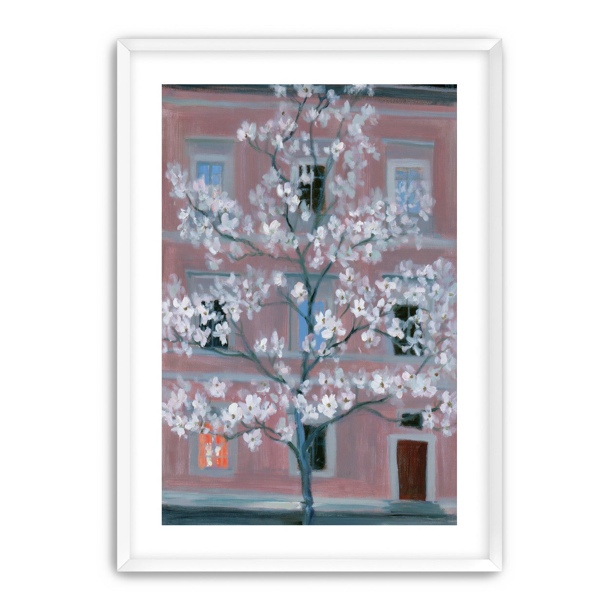 White blossoms against the pink house