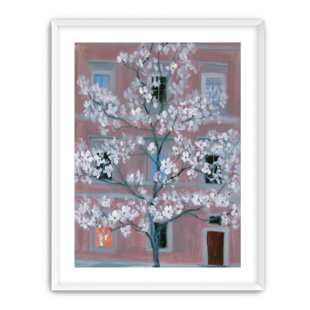 White blossoms against the pink house