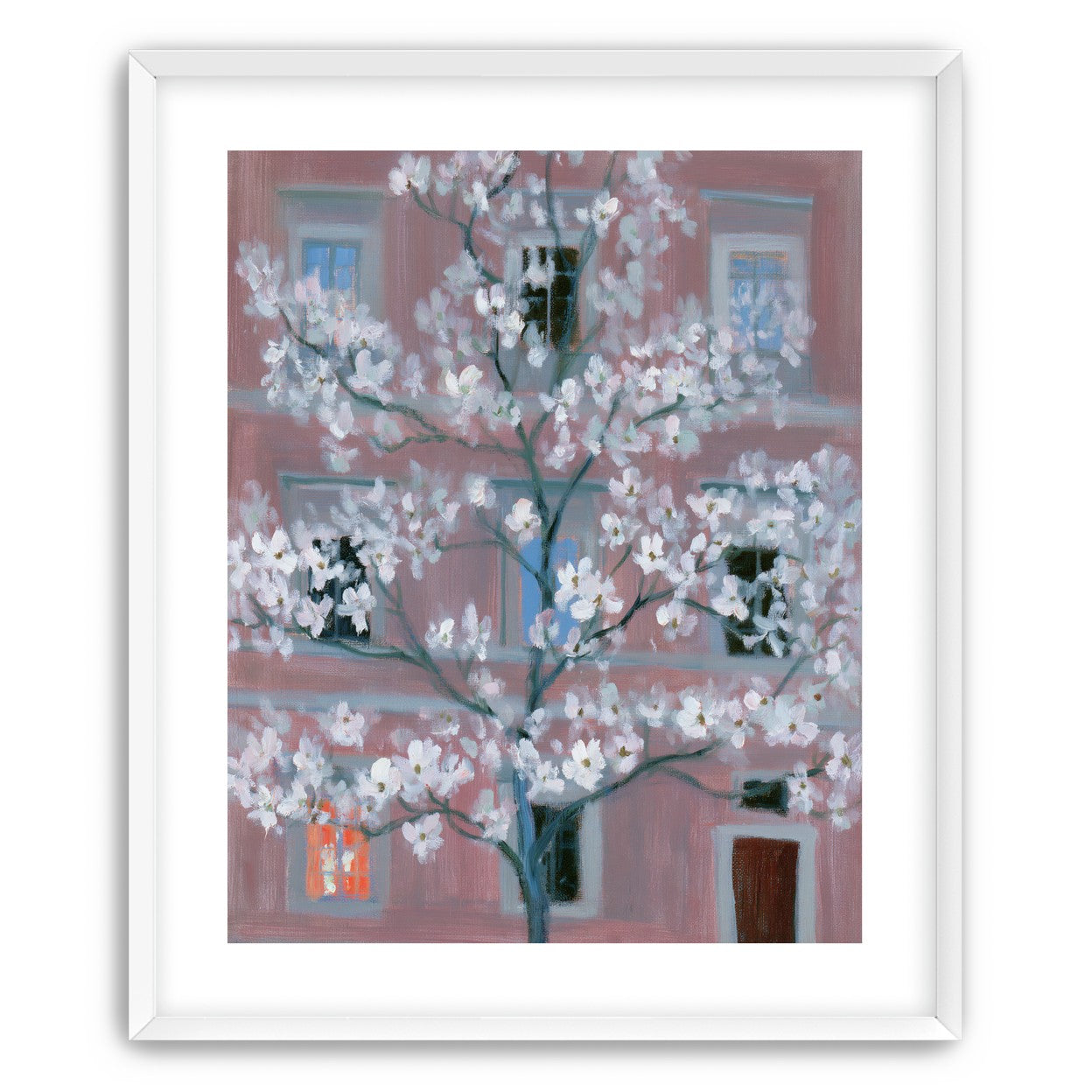 White blossoms against the pink house