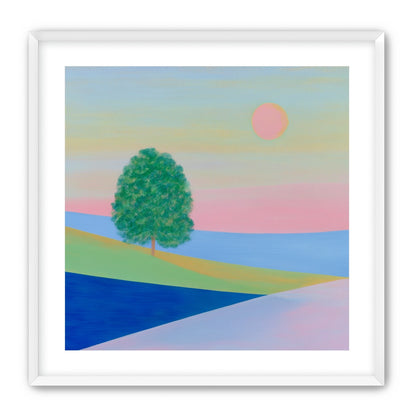Pink sun over striped hills